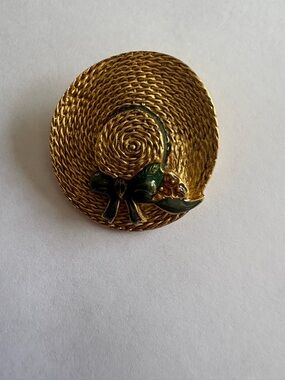 Vintage Museum of Fine Arts Gold Straw Hat Brooch  Green Enamel Bow Collectible